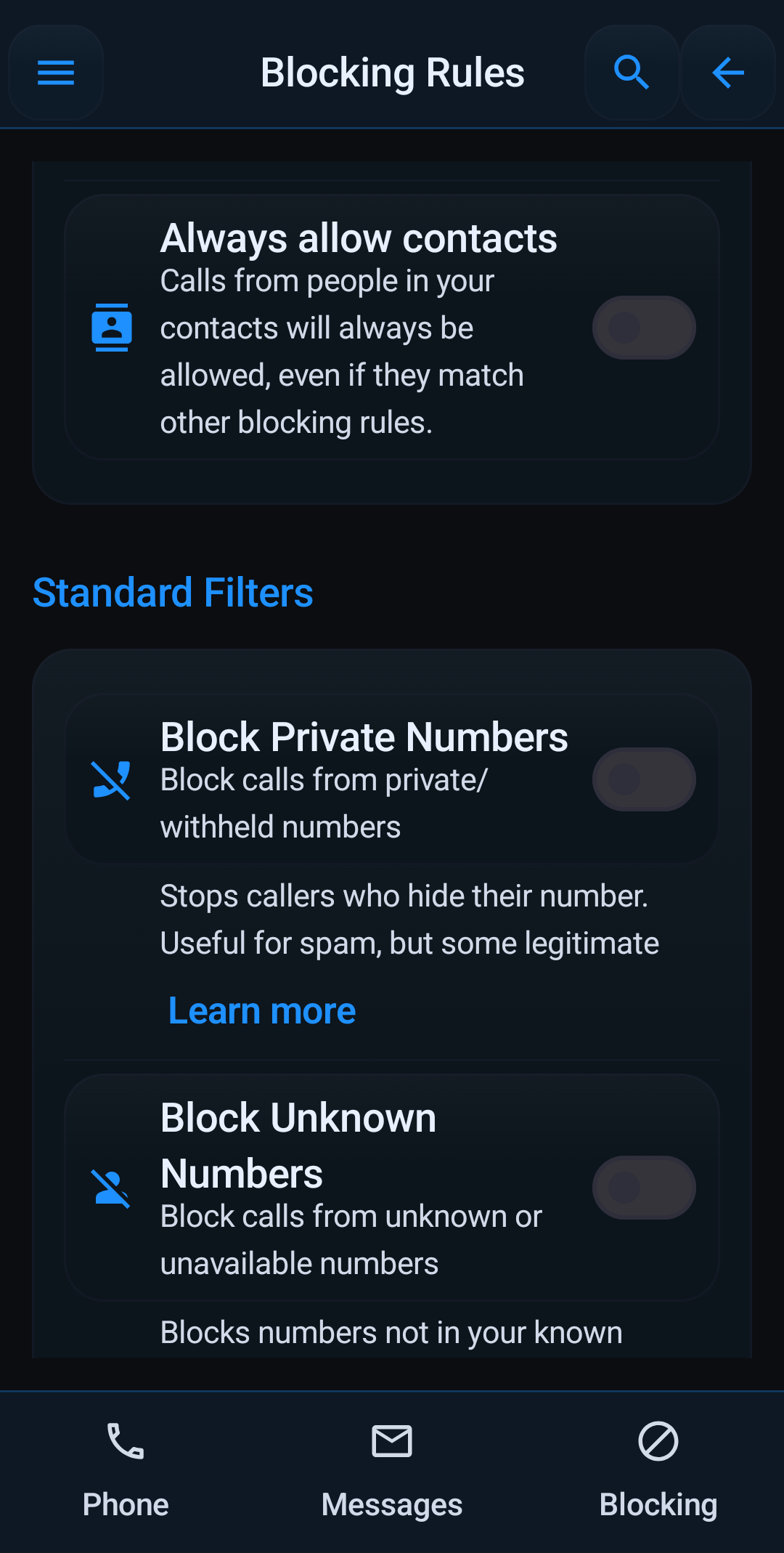 Always allow contacts and standard filters in Block Guard